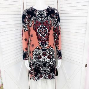 H&M‎ All Over Print Tunic Dress Coral Black 2 Long Sleeve